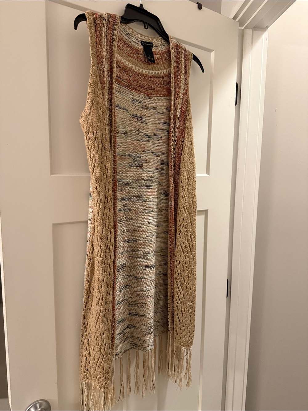 new directions Beige Multicolor Open Fringe Knit Vest